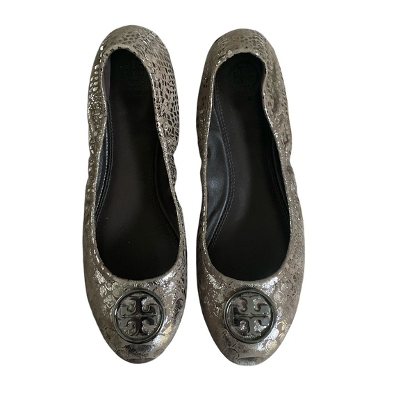 Tory Burch Shoes - Tory Burch Metallic Silver Leather Ballet Flats, gunmetal hardware logo, Sz: 9 M
